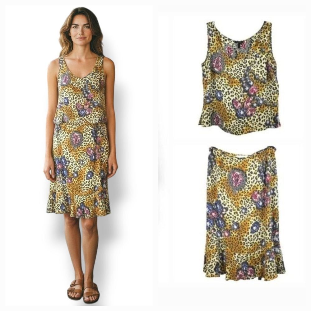 Vintage Escada 100% Silk Leopard & Diamond Print Camisole Tank & Skirt Set Sz M